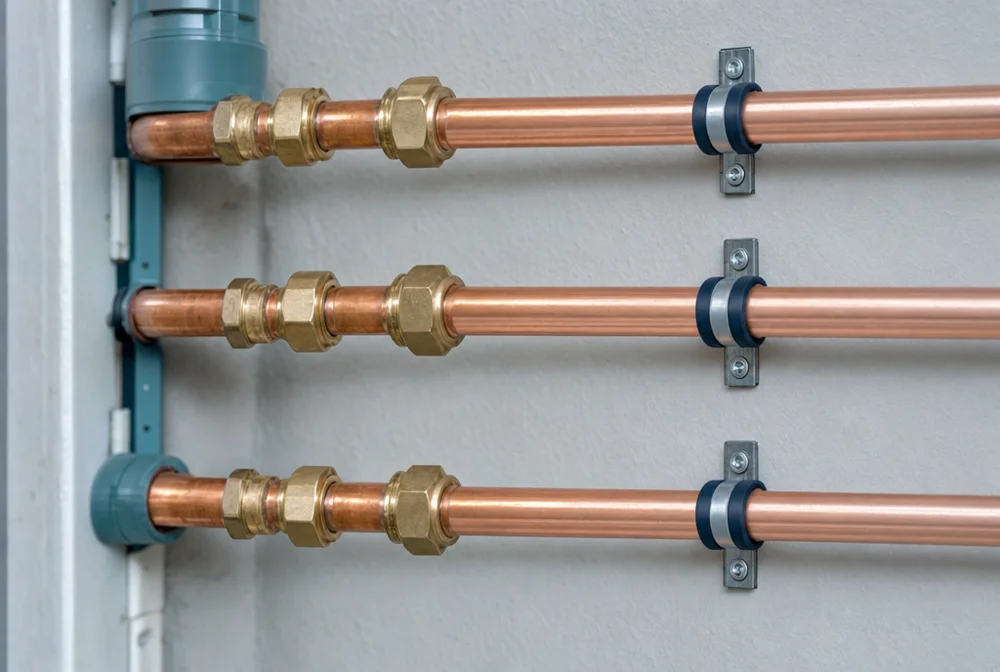 Copper pipes and brass fittings neatly arranged