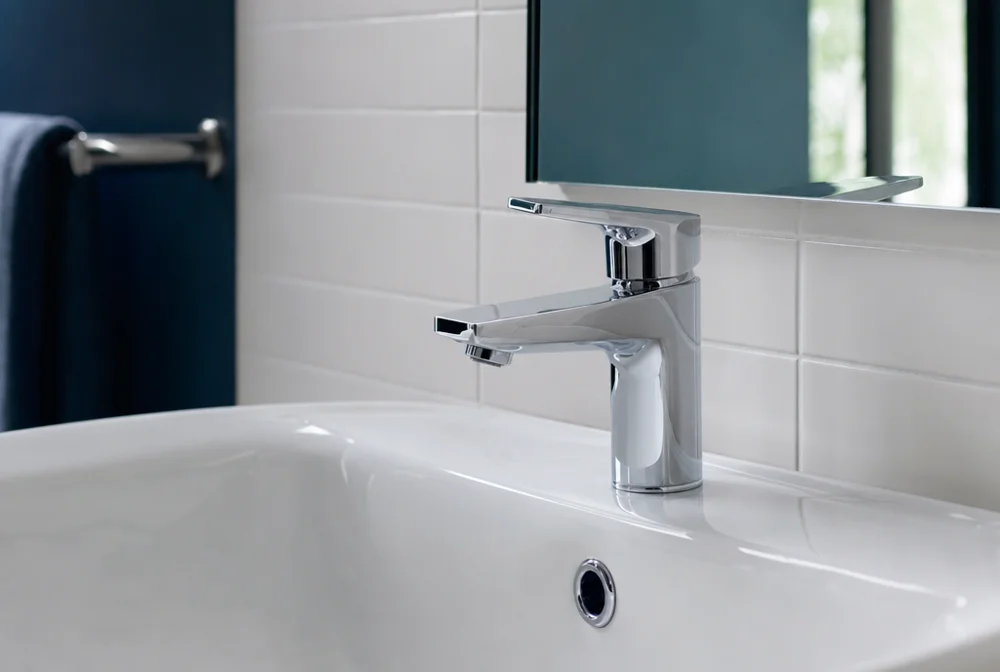 Chrome tap on a clean white bathroom basin